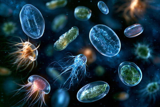 Microscopic plankton forms floating in dark ocean blue highlighting marine biology food web science and abstract aquatic research