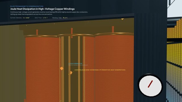 3D animation of high-voltage power transformer oil cooling system explaining Joule heat dissipation thermal absorption natural buoyant convection forced-air cooling and dielectric barrier properties