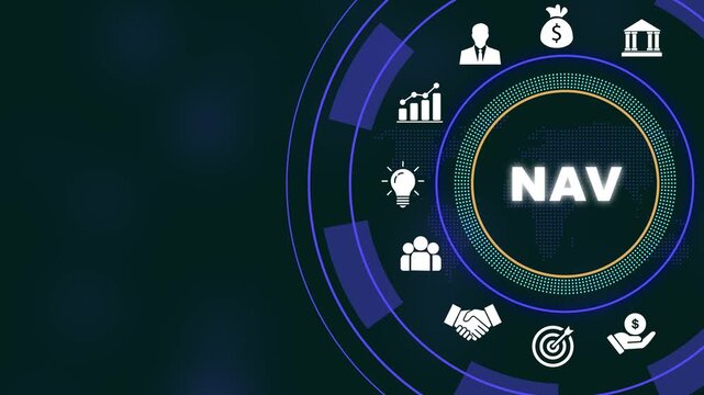 Dynamic net asset value nav financial concept animation featuring futuristic digital hud interface with global business and data analytics for corporate investment and banking presentations