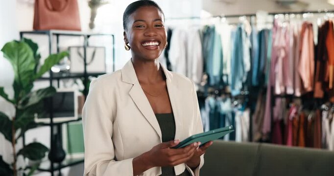 Face, tablet and black woman in boutique for small business, online shop management and laugh. Happy, person and technology in clothing store for retail, fashion industry and trade or app for startup