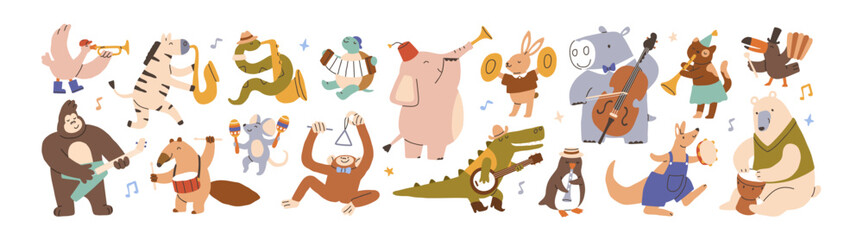Fototapeta premium Cute animals characters playing music instruments set. Baby bear, hippo, crocodile and mouse musicians. Cute kid characters, animals dancing with music instruments. Flat vector illustration isolated