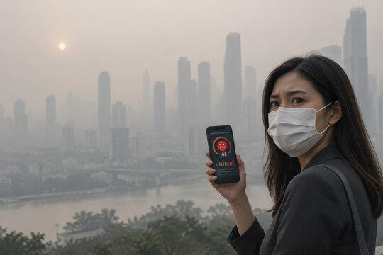 Southeast Asian city skyline smog with public health face mask commuter holding smartphone showing AQI 162 haze alert public health advisory air pollution warning outdoor restrictions