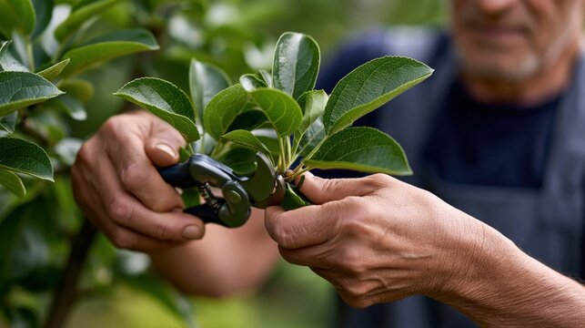 Elderly Gardener Pruning Tree Branches in Natural Light