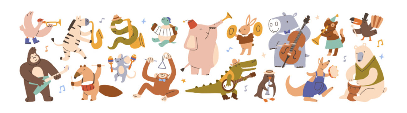 Cute animals characters playing music instruments set. Baby bear, hippo, crocodile and mouse musicians. Cute kid characters, animals dancing with music instruments. Flat vector illustration isolated