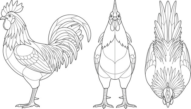 Rooster line art vector illustration set showing side front and top angle views