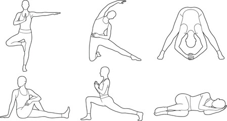 Fototapeta premium Set of Six Yoga Pose Line Art Illustrations for Fitness and Wellness
