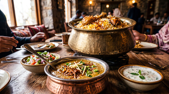 Traditional Pakistani beef haleem and chicken biryani served in copper bowls on a rustic wooden table