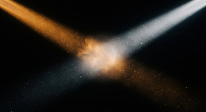 Diagonal beams of orange and light intersecting in darkness with dust generated using ai