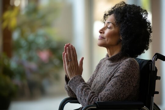 Mature woman with curly hair in wheelchair prays peacefully by sunlit window, embodying spiritual strength and inner peace despite physical limitations