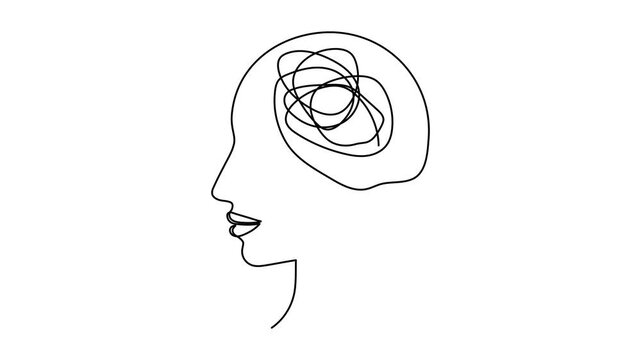 Human profile head with tangled messy thoughts one line art animation, continuous line drawing brain chaos mind tangle smotion, mental health psychology burnout abstract 4k self-drawing video