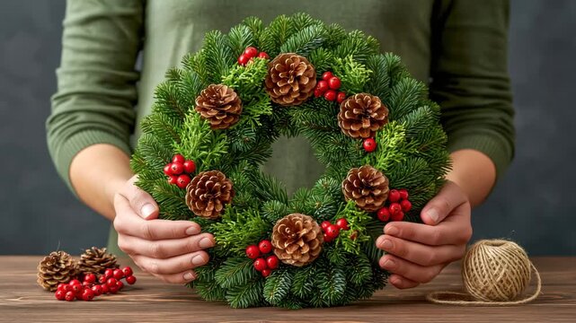 Family Hands Weaving a Handmade Advent Wreath Together