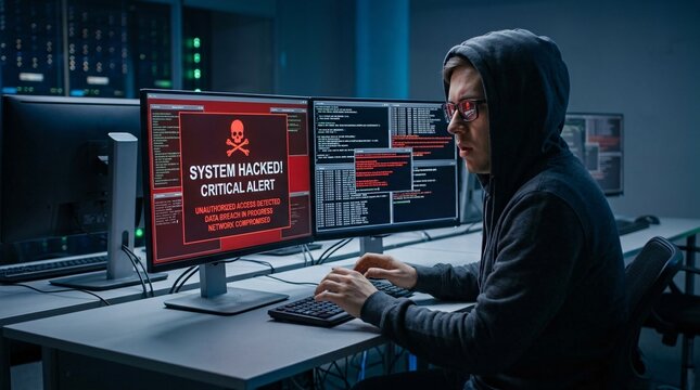 Hooded hacker sitting at a computer desk with screens displaying a red critical system hacked alert.
