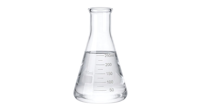 Clear Liquid in a Laboratory Erlenmeyer Flask Isolated on Black Background
