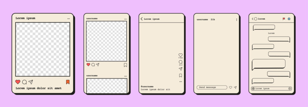 Retro post, story, reels, DM chat screen templates in vaporwave pastel style. Social media frame mockup set for vintage aesthetic content creation, digital marketing, influencer branding. Vector.