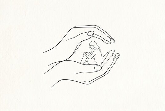 Two hands cradle a figure sitting in a protective manner. This representation highlights the need for support in mental health. A simple image speaks to care for those struggling