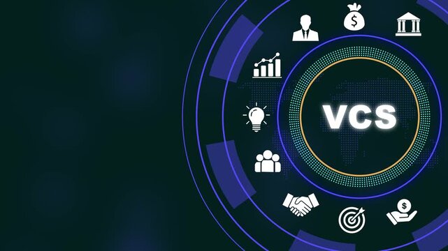 Dynamic business vcs concept animation featuring digital map background, with rotating corporate, financial growth symbols, and networking for, modern enterprise presentations