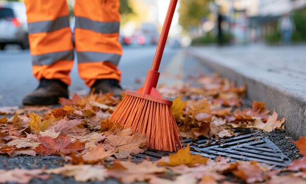 Autumn Cleanup: City Worker Sweeps Storm Drain