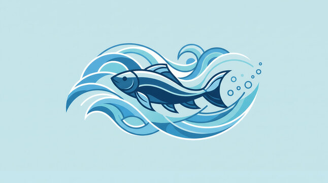 Stylized blue fish swimming in sea waves vector logo design