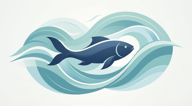 Blue fish swimming in swirling ocean waves vector graphic logo illustration design