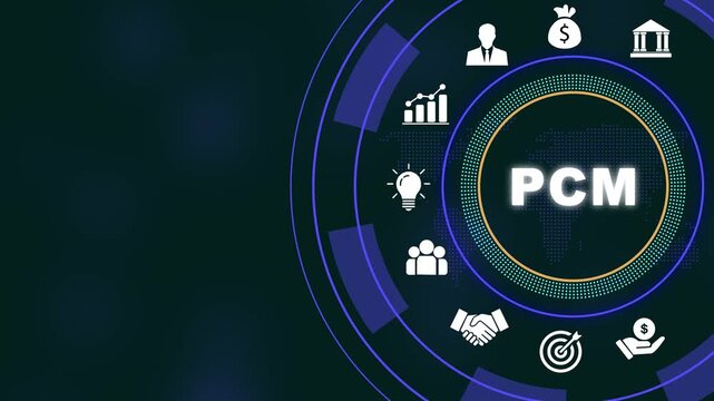 Pcm business concept motion featuring animated digital interface with global network financial growth charts, and corporate strategy symbols for modern enterprise presentations