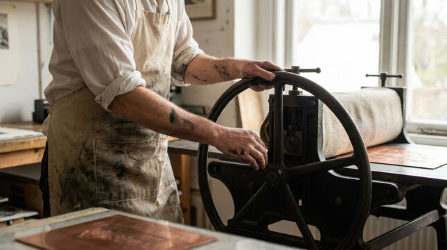 Printmaker ink plate etching press studio workshop printmaking art craft manual industrial equipment
