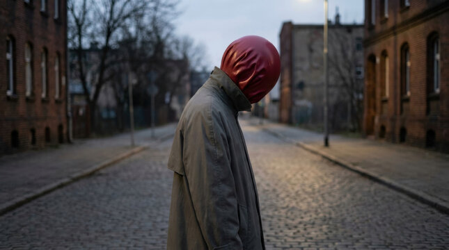 Street hood coat mask urban empty cobblestone dusk shadow isolation