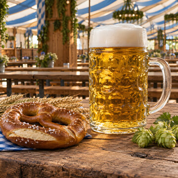 Beer stein and soft pretzel at an Oktoberfest festival