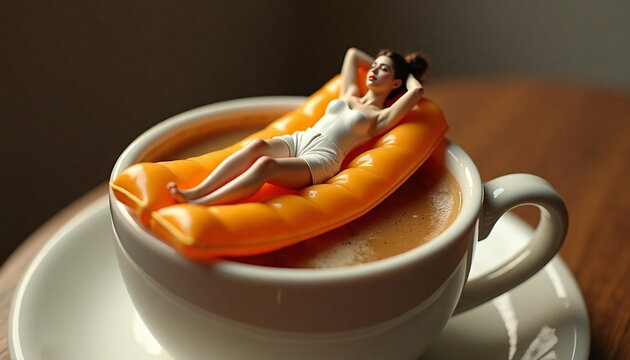 Miniature woman relaxing on orange pool float in cup of coffee. A coffee break and relaxation concept