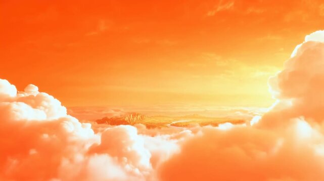Billowing clouds drift slowly beneath vivid orange sky as bright sun glows near horizon, revealing layered cloud banks, soft illuminated edges, and expansive atmospheric depth