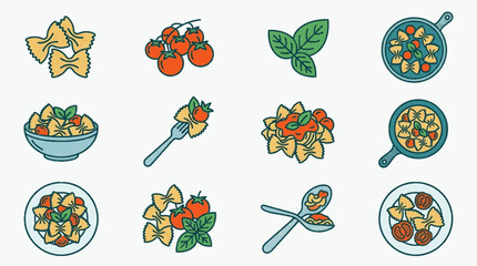 Fototapeta premium Vector illustration set featuring farfalle pasta, cherry tomatoes on the vine, fresh basil leaves, and prepared Italian dishes in pans, bowls, and plates with kitchen utensils.