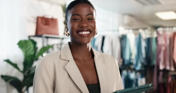 Face, tablet and woman in clothing store for small business, online shop management and laugh. Happy, black person and technology in boutique for retail, fashion industry and trade or app for startup