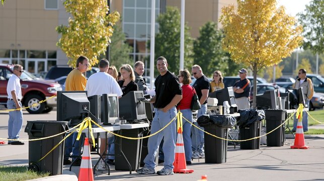 People gather around tables displaying old computer monitors outdoors.