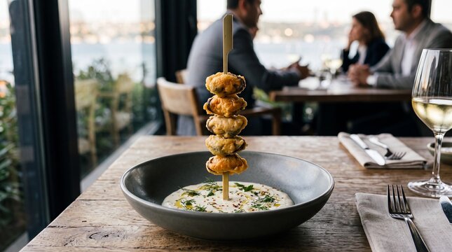 Upright Midye Tava: Golden fried mussels on wooden stick in ceramic bowl with white garlic sauce, modern fine dining