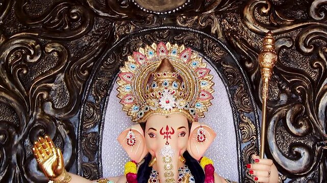 Ganesha idol close up wearing golden crown holding staff, festive pandal decoration India, ornate jewelry devotional Ganpati celebration.