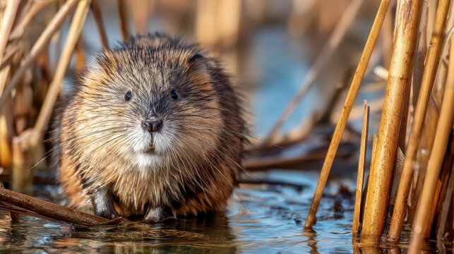 Close-up of an inquisitive muskrat among marsh grasses. An endearing portrait highlighting its semi-aquatic habitat and natural environment