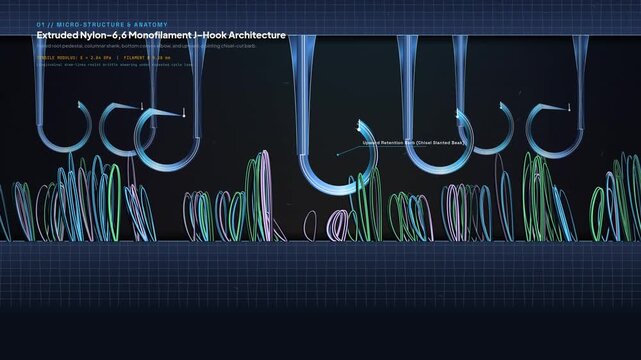 3D animation showing the micro-structure and anatomy of nylon hook and loop fastener mechanics, displaying elastic recoil, shape recovery, and kinetic polymer interactions