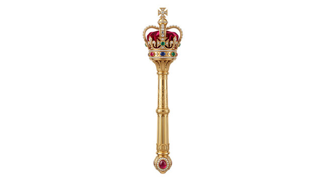 Stunning Royal Golden Scepter with Gemstones and Red Velvet Fabric Isolated on Black Background