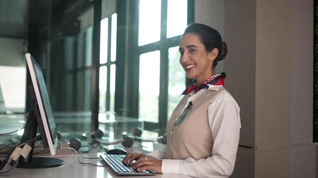 Airline Check-In Attendant Portrait at Airport Desk