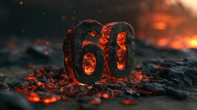 Number 60 appears surrounded by glowing embers and dark metal, showcasing heat and forge work in a dark setting.