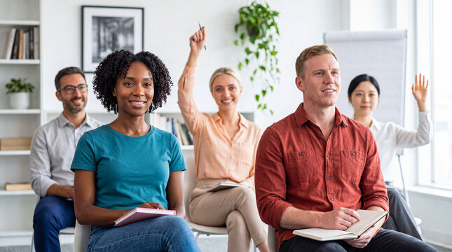 Diverse group of five people attending a business presentation indoors