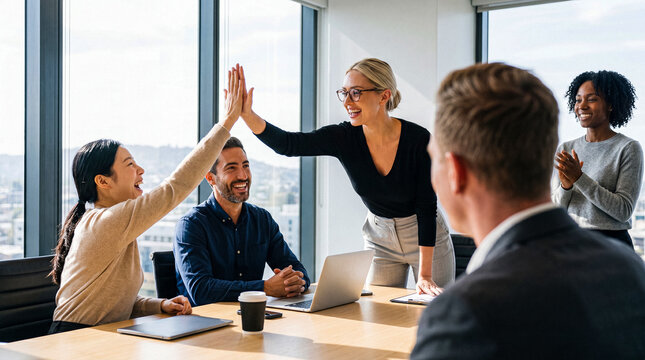 Business team celebrates success with high-five in modern office meeting room