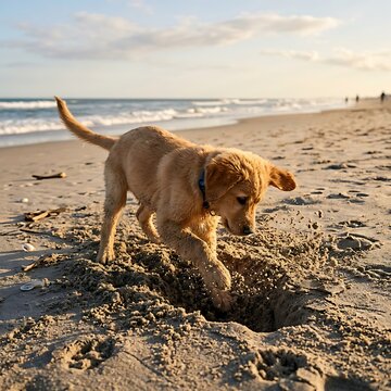 A cute golden retriever puppy digging a hole in the sand on a sunny beach at sunset