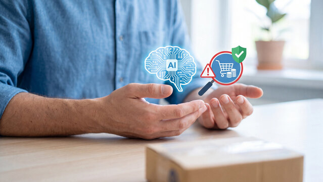 AI ecommerce fraud detection and online purchase inspection concept, man presenting AI brain and magnifier over shopping cart with warning and shield for marketplace payment security