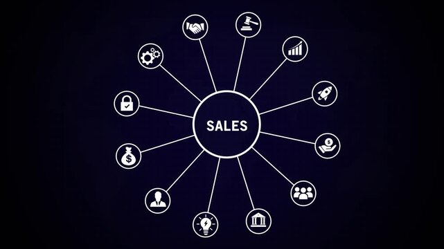Dynamic sales strategy infographic animation featuring business growth and marketing network connections on a dark background, for corporate presentations, financial planning, and, data analysis