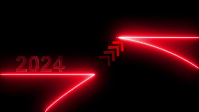 Year 2024 neon red design features bright glowing arrows pointing upwards to signify rapid financial growth and massive corporate progress within a digital landscape that symbolizes future modern.