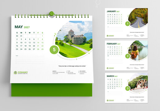 Modern 2027 Wall Calendar Design Template with Eco Green Nature and Travel Theme