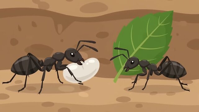 Colony of Worker Ants Moving Nest and Carrying Eggs, 2D Flat Animation.