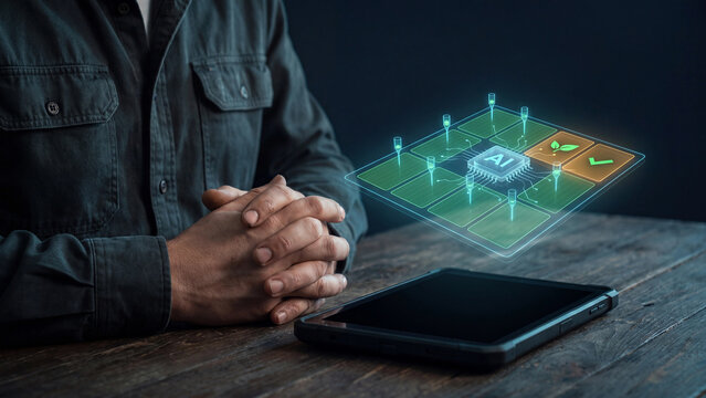 AI precision agriculture and smart farming technology concept, farmer with tablet and AI chip controlling field sensor grid for crop monitoring, soil analytics and sustainable harvest