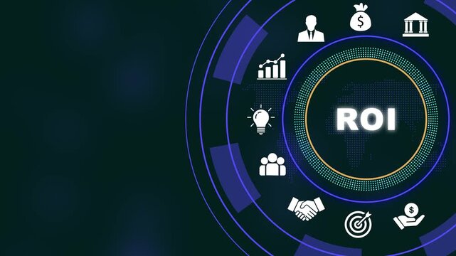 Digital roi return on investment concept with animated business and global network data visualization for corporate financial strategy, marketing growth, and investment analysis presentation