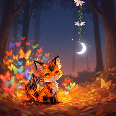 Fototapeta premium Anime-style tiny fox surrounded by a swarm of multicolored butterflies